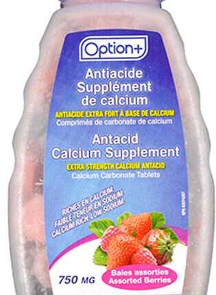 Option+ Antacid Calcium Supplement Extra Strength Assorted Berries 750mg 100 Chewable Tablets
