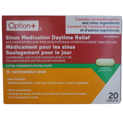 Option+ Sinus Medication Daytime Relief Day 20 Caplets Extra Strength